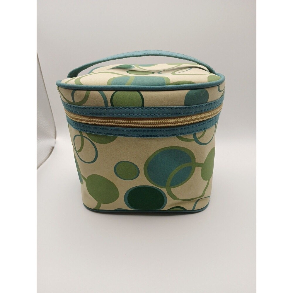 Arbonne Travel Cosmetic Makeup Bag Cream Blue Green Zippered Handle Top